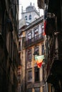 Portuguese flag on narrow street in Porto Royalty Free Stock Photo