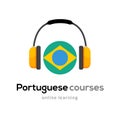 Portuguese language learning logo icon with headphones. Creative portuguese class fluent concept speak test and grammar