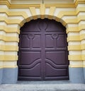 Portuguese Macau Handcraft Wooden Gate Entrance Door Art Deco Design Style Floral Pattern Iron Bar Barrier Fence Security Royalty Free Stock Photo