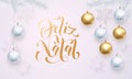 Portuguese Merry Christmas Feliz Natal decoration golden ball white greeting Royalty Free Stock Photo