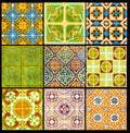 Portuguese Tiles with Retro Geometrical Pattern, Glazed Handmade Azulejos, Portugal Street Art, Patchwork Royalty Free Stock Photo