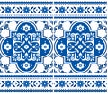 Azulejo tiles seamless vector pattern in navy blue and white with a frame, traditional floral design inspired by tile art from Lis