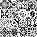 Portuguese and Spanish azulejo tiles seamless vector pattern collection in black on white, traditional floral design big set inspi Royalty Free Stock Photo