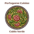 Portuguese style soup called Caldo Verde, bread, Cabbage, oil, garlic and chorizo sausage Royalty Free Stock Photo