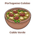 Portuguese style soup called Caldo Verde, bread, Cabbage, oil, garlic and chorizo sausage Royalty Free Stock Photo
