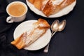 Portuguese sweet dessert with cup of coffee