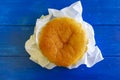 Portuguese typical cake called queijada on blue background