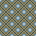 Portuguese Vector Tile Azulejo Pattern. Seamless Lisbon Blue Yellow on White Mosaic Square Background. Traditional Floral Ceramic Royalty Free Stock Photo