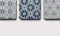 Portuguese vintage azulejos, floral marble tile design. Hand drawn ornamental blue Moroccan patterns. Ramadan greeting
