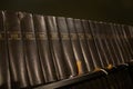 Porvoo, Finland - 2 October 2019: Closeup of a row of green hymn books on finnish language in Porvoo Cathedral