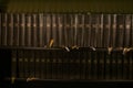 Porvoo, Finland - 2 October 2019: Closeup of a row of green hymn books on finnish language in Porvoo Cathedral