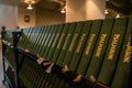 Porvoo, Finland - 2 October 2019: Closeup of a row of green hymn books on swedish language in Porvoo Cathedral