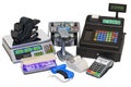 POS Equipment. Cash register, receipt printer, barcode reader, POS-terminal, money counting machine, price label gun, tag gun and Royalty Free Stock Photo