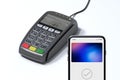 POS payment terminal and mobile phone. NFC payments concept. 3d rendering. Royalty Free Stock Photo