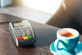 POS payment terminal and mobile phone. NFC payments concept. 3d rendering. Royalty Free Stock Photo