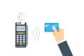 Pos terminal confirms contactless payment from credit card. NFC Payment illustration in flat style.