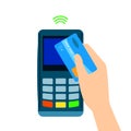 POS terminal confirms the payment made through mobile phone. NFC payments. flat style. Mobile Banking and Payments