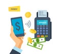 Pos terminal. Payment transactions. Hand presses payment button in phone. Royalty Free Stock Photo