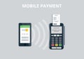 Pos terminal confirms payment from smartphone. Mobile Payment and NFC technology concept. Flat style illustration.