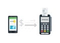 Pos terminal confirms payment from smartphone. Mobile Payment and NFC technology concept. Flat style illustration.