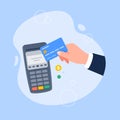 POS terminal with credit card. Contactless payment by card, EMV chip payment method concept. Vector flat illustration. Royalty Free Stock Photo