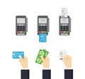 POS terminal and Credit card processing - illustration in flat style.