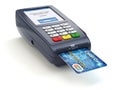 POS terminal with credit card on white. Paying.