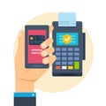 Pos terminal. Financial transactions. Hand presses payment button in phone. Royalty Free Stock Photo