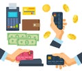 Banking, payment terminal, finance, monetary currencies, gold coins, bank card. Royalty Free Stock Photo