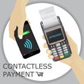 POS terminal with hand and smartphone. Payment approved by smart