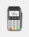 Pos terminal. Machine for payment of credit card. 3d realistic mockup of terminal with swipe for pay. Silver device with screen