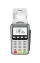 Pos terminal. Pos machine for payment. nfc pay with invoice. Card pay in terminal with receipt. Realistic mockup of wireless