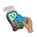 POS-terminal with plastic card approved operation prints the receipt. Vector illustration on a white background.