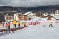 Posa Khutor, Sochi, Russia, January, 26, 2018. Children`s tape lift on training ski slope on ski resort Rosa Khutor