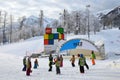 Posa Khutor, Sochi, Russia, January, 26, 2018. Lesson in the children`s ski club `Mogul` in the ski resort Rosa Khutor
