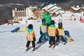 Posa Khutor, Sochi, Russia, January, 26, 2018. Lesson in the children`s ski club `Riders` in the ski resort Rosa Khutor