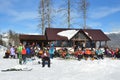 Posa Khutor, Sochi, Russia, January, 26, 2018. People relaxing in cafe on the hillside on the descent on the route of the `Ozerna