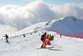 Posa Khutor, Sochi, Russia, January, 26, 2018. People riding on ski resort Rosa Khutor from Rosa Peak