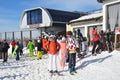 Posa Khutor, Sochi, Russia, January, 26, 2018. Skiers on the upper cable car station of the `Caucasian Express` on the Rosa Peak