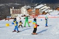 Posa Khutor, Sochi, Russia, January, 26, 2018. Lesson in the children`s ski club `Riders` in the ski resort Rosa Khutor