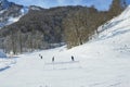 Posa Khutor, Sochi, Russia, January, 26, 2018. People riding during blue route `Ozernaya` on ski resort `Rosa Khutor`