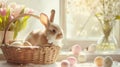 Poscard of cute easter rabbit with bow sits in a basket with decorated easter eggs under the window