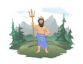 Poseidon, ancient Greek god of the sea with trident. Ancient Greece mythology. Forest and mountain landscape in the Royalty Free Stock Photo