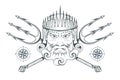 Poseidon - Ancient Greek supreme sea god. Greek mythology. Neptune trident. Olympian gods collection. Hand drawn Man Head. Bearded
