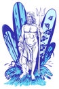 Poseidon surfer on surfboard background Royalty Free Stock Photo
