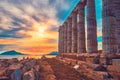 Poseidon temple ruins on Cape Sounio on sunset, Greece Royalty Free Stock Photo