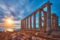 Poseidon temple ruins on Cape Sounio on sunset, Greece Royalty Free Stock Photo