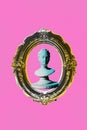 Poser. Contemporary art collage. Vintage antique statue bust in retro frame isolated pink background. Image in old paper