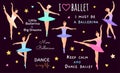 Poses of ballet: hand drawn people set. Big collection of dancing girls in flat style. Vector illustration with girls dancing.