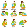 Poses for breastfeeding. Woman breastfeeding a